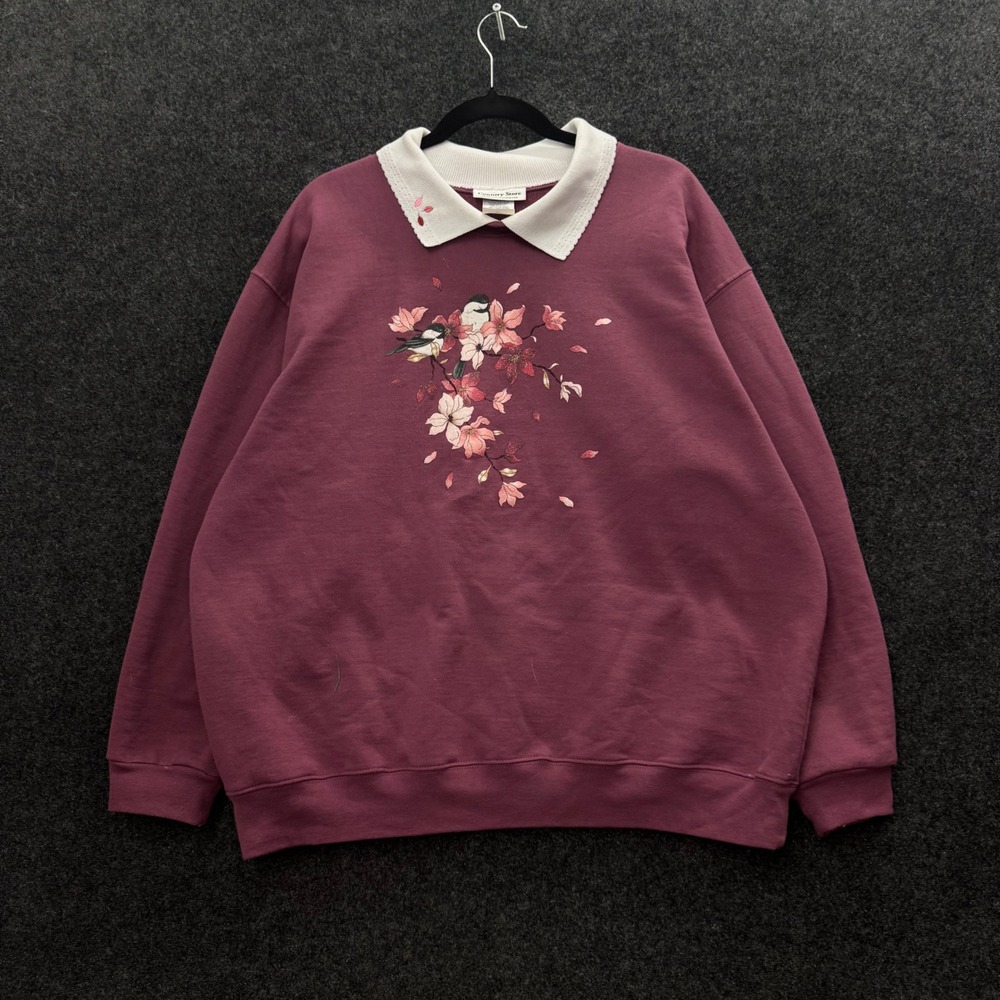 Vintage Country Store Burgundy Bird Floral Double Collar Sweatshirt 2X